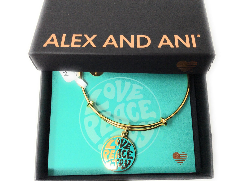 Alex and Ani Womens Words are Powerful, Love Peace Joy EWB Bangle Bracelet, Shiny Gold, Expandable