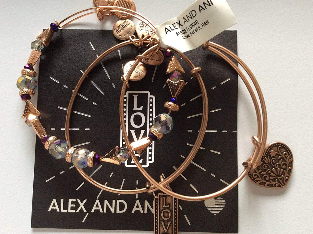 Alex and Ani Love Set of 3 Bangle Bracelet Rafaelian Rose Gold Tag Box Card