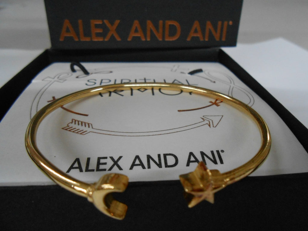 Alex and Ani Moon and Star Cuff Bracelet 14kt Gold Plated With Tag Box Card