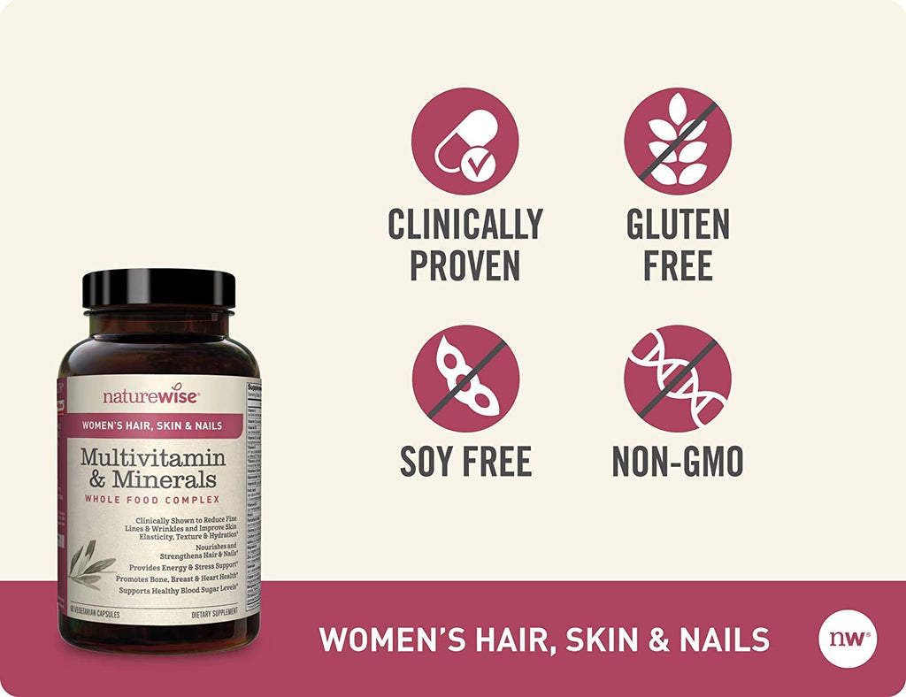 NatureWise Women’s Multivitamin with Hair, Skin, & Nails Support – Total-Body Benefits from Collagen, Biotin, Keratin and AstaReal®️ Astaxanthin for Radiant Health & Beauty (60 Count – 1 Month Supply)