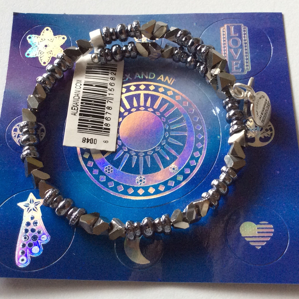 Alex and Ani Glimmer Wrap Bangle Bracelet Metallic Blue Tag Box Card