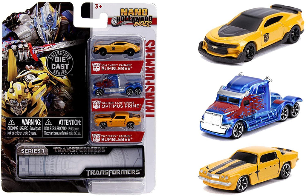Jada Toys Transformers Nano Hollywood Rides 2016 Chevy Camaro Bumblebee, Western Star 5700XE Optimus Prime and 1977 Chevy Camaro Bumblebee, 1.75" Die-Cast Vehicles