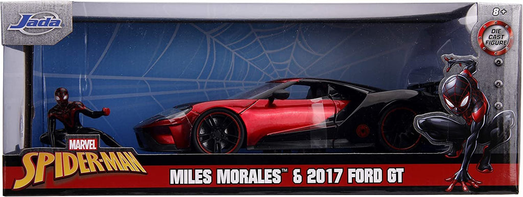 Jada Toys Marvel 1:24 2017 Ford GT Die-cast Car with 2.75" Miles Morales Spider-Man Figure, Toys for Kids and Adults Black and Red