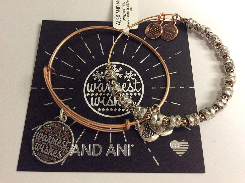 Alex and Ani Warmest Wishes Set of 2 Bangle Bracelet Rose Gold Tag Box Card
