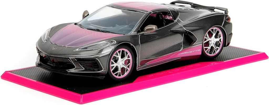 Pink Slips 1:24 2020 Chevy Corvette Stingray Die-Cast Car, Toys for Kids and Adults(Metallic Grey/Pink)