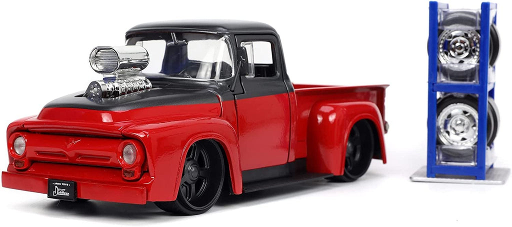 Jada Toys Just Trucks 1:24 1956 Ford F-100 Pickup Truck Red/Dark Gray with Tire Rack