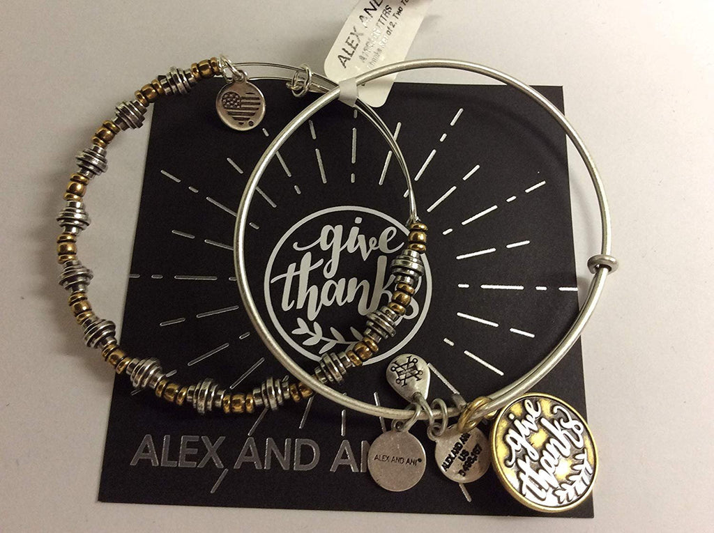 Alex and Ani Give Thanks Set of 2 Bangle Bracelet Rafaelian Silver Tag Box Card