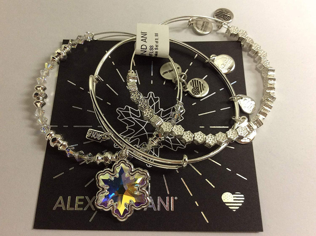 Alex and Ani Crystal Snowflake Set of 3 Bangle Bracelet Shiny Silver Tag Box Card