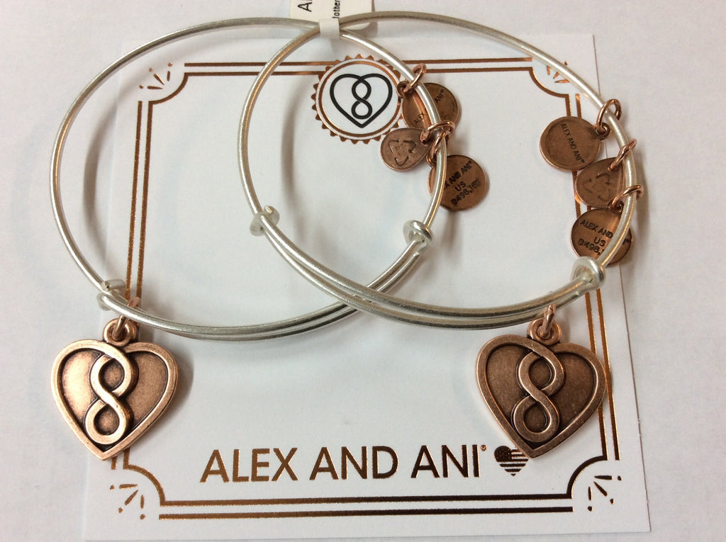 Alex and Ani Mother Daughter Infinity Heart Set of Two Bangle Bracelets - Rafaelian Rose Gold and Silver Finish