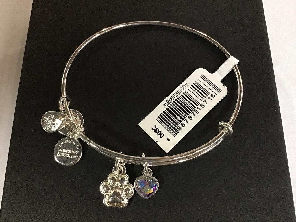 Alex and Ani Replenishment 19 Women's Paw Print Duo Charm Bangle, Shiny Silver