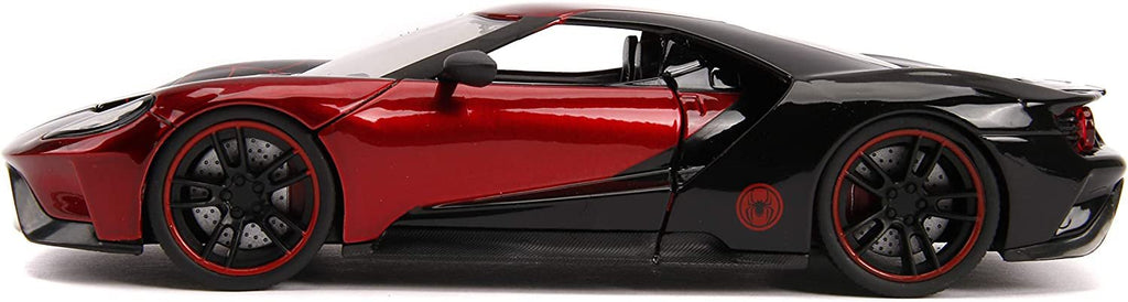 Jada Toys Marvel 1:24 2017 Ford GT Die-cast Car with 2.75" Miles Morales Spider-Man Figure, Toys for Kids and Adults Black and Red