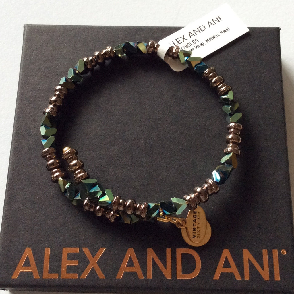 Alex and Ani Glimmer Wrap Bangle Bracelet Metallic Hazel Tag Box Card