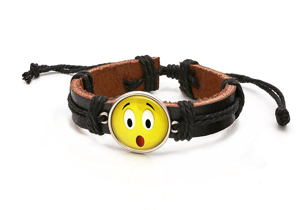 Leather Adjustable Surprised Emoji Bracelet, Black