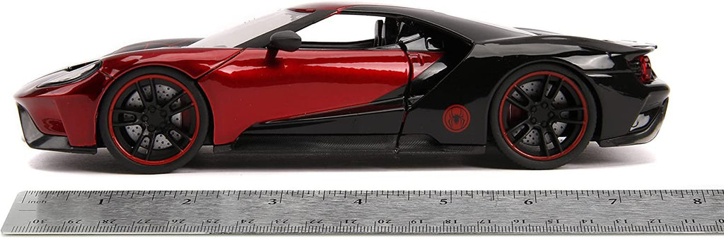 Jada Toys Marvel 1:24 2017 Ford GT Die-cast Car with 2.75" Miles Morales Spider-Man Figure, Toys for Kids and Adults Black and Red
