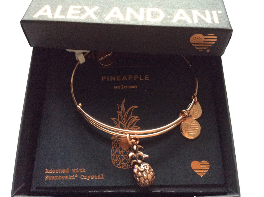 Alex and Ani Pineapple III Bangle Bracelet Rose Gold Tag Box Card