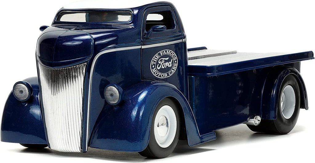 Jada Toys Just Trucks 1:24 1947 Ford COE Flatbed Die-cast Car Dark Blue/White with Tire Rack, Toys for Kids and Adults