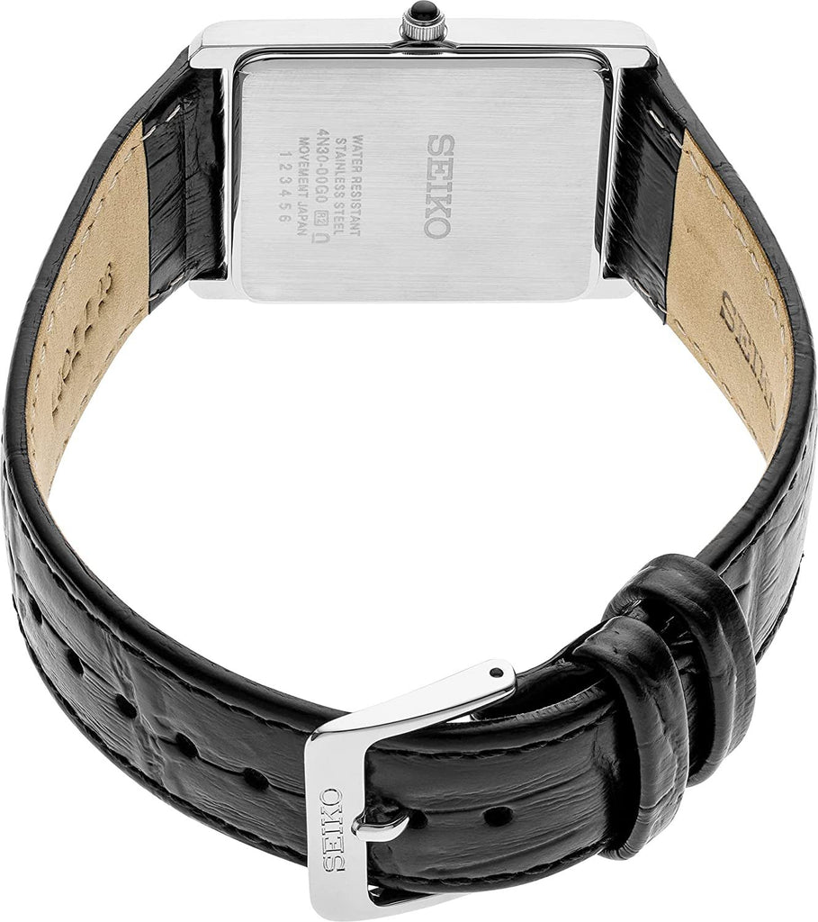 Seiko Men Stainless Steel Quartz Dress Watch with Leather Strap, Black, 20 (Model: SWR049)