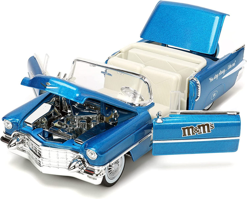 M&M's 1:24 1956 Cadillac El Dorado Die-cast Car w/ 2.75" Blue Figure, Toys for Kids and Adults