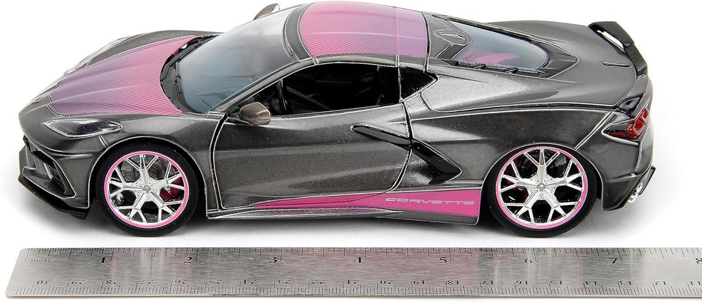 Pink Slips 1:24 2020 Chevy Corvette Stingray Die-Cast Car, Toys for Kids and Adults(Metallic Grey/Pink)