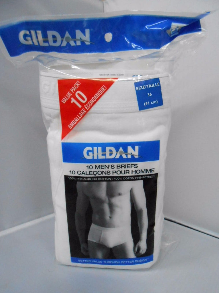 Gildan Men's White Briefs Underwear 10-PACK Waist Sizes 36, 38 100% Cotton