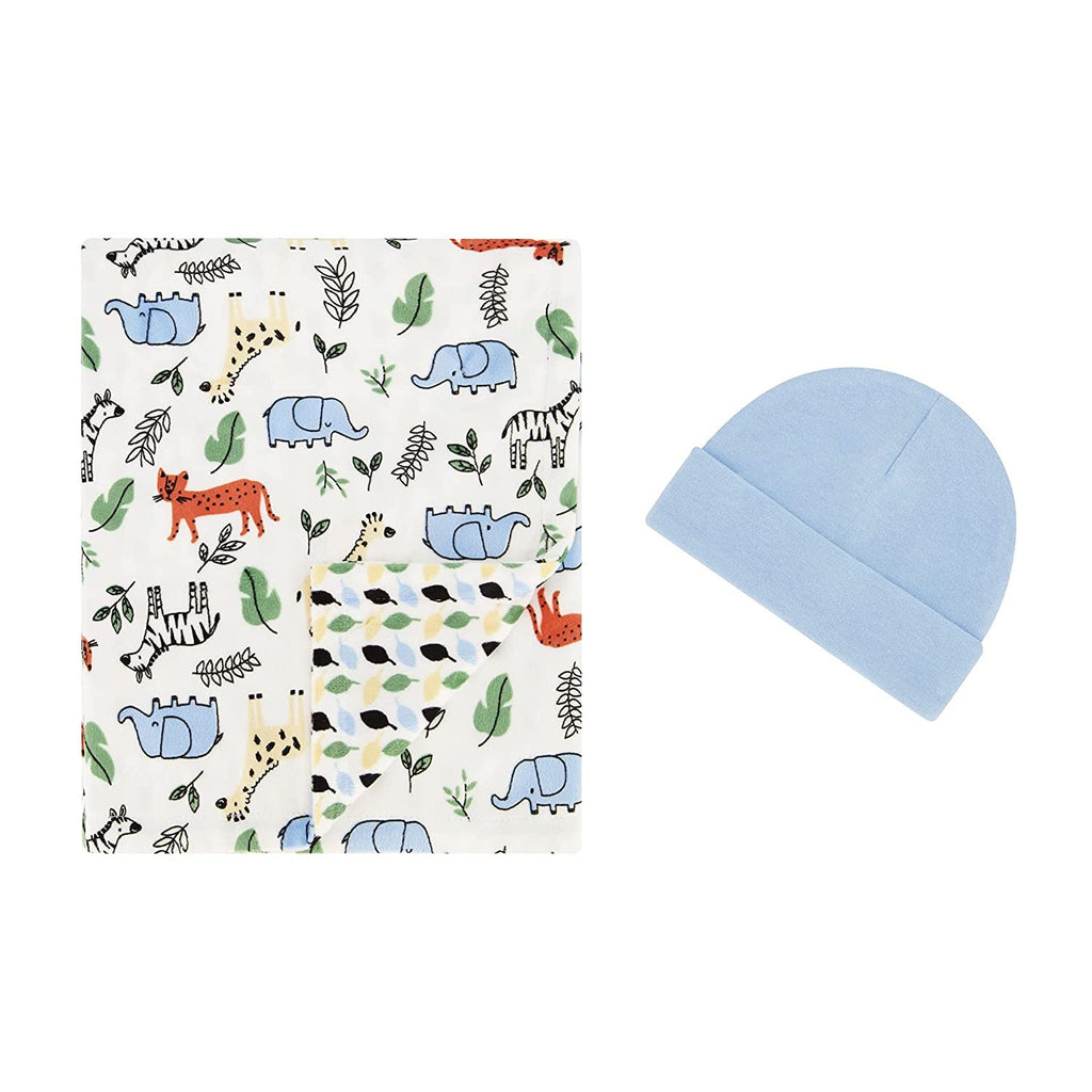 Reversible Baby Blanket with Matching Newborn Hat | Soft Cozy Swaddling Blanket for Babies and Toddlers | Infant Gifts for Baby Showers and Christenings, Safari Friends