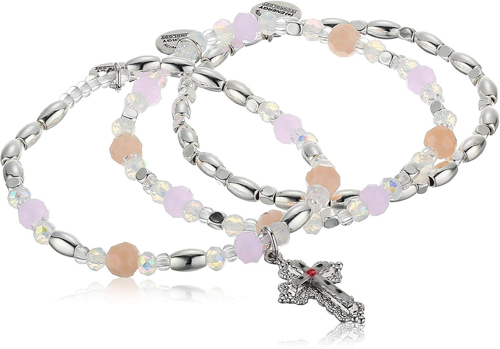Alex and Ani Floral Cross Stretch Set of 3, RS, Rafaelian Silver, One Size (A20STSET3RS)