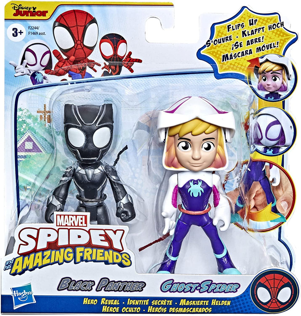 Marvel Spidey and His Amazing Friends Hero Reveal 2-Pack,-Action Figures,-Mask Flip Feature, Ghost-Spider and Black Panther, 3 and Up