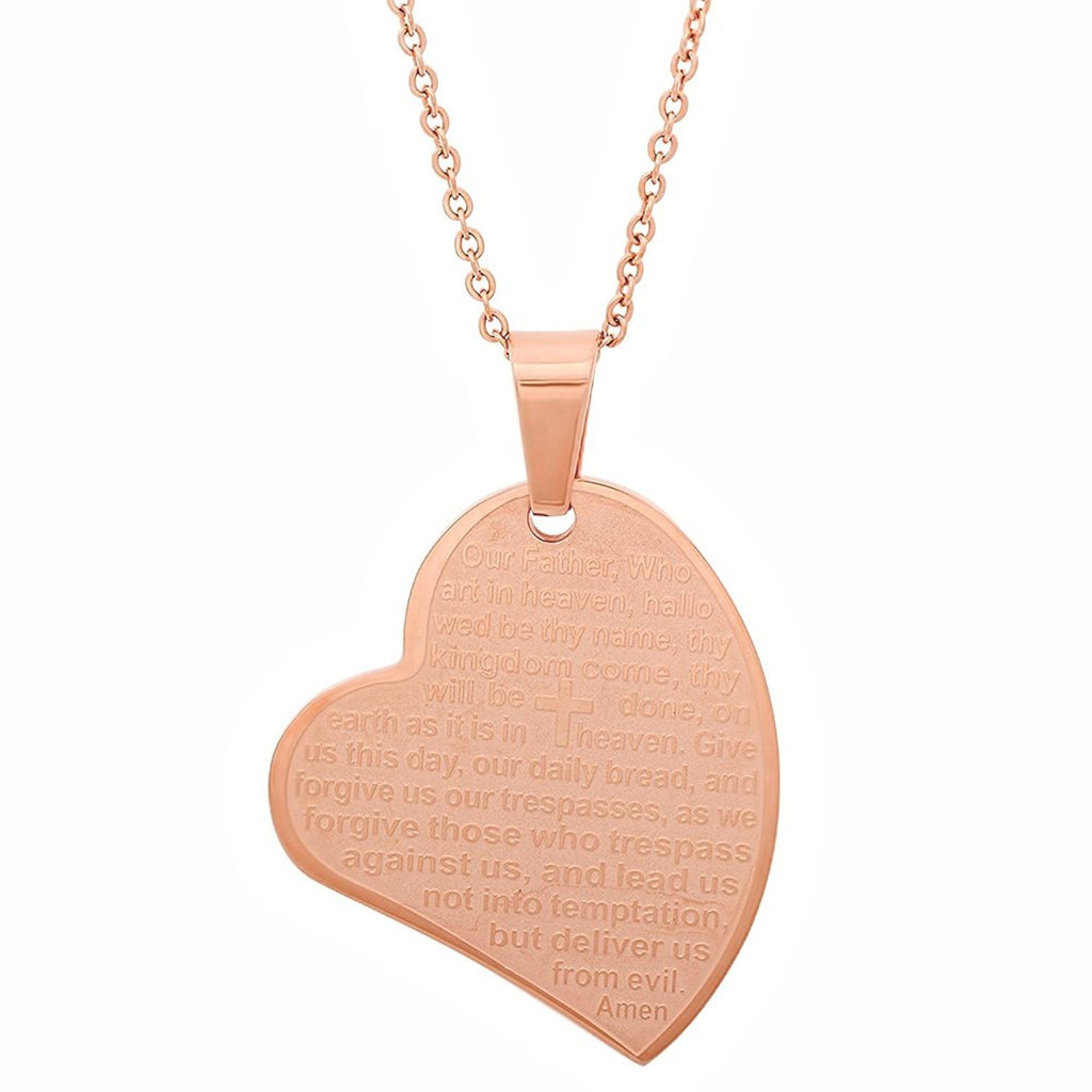 Ladies 18kt Gold Rose Plated Stainless Steel Our Father Lords Prayer Pendant Slanted Heart Comes With 18" chain