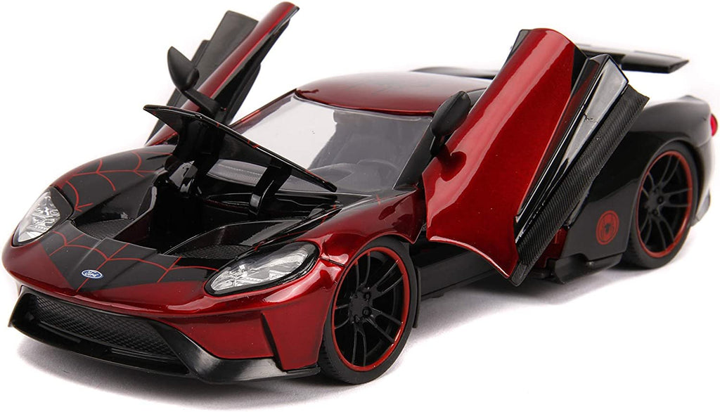 Jada Toys Marvel 1:24 2017 Ford GT Die-cast Car with 2.75" Miles Morales Spider-Man Figure, Toys for Kids and Adults Black and Red