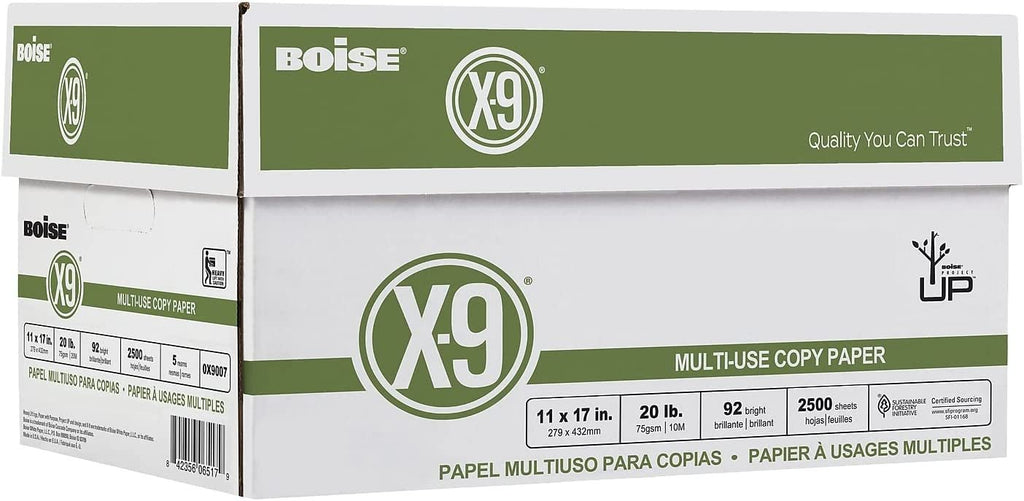 Boise OX9007 X-9 Multi-Use Copy Paper, 92 Bright, 20lb, 11 x 17, White, 2500 Sheets/Carton