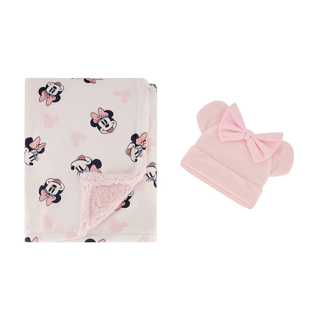 Disney Fuzzy Mink Baby Blanket, Double Sided Ultra-Soft and Plush Mink and Sherpa Newborn Throw, Measures 30x40 Inches, Includes Matching Infant Cap Hat