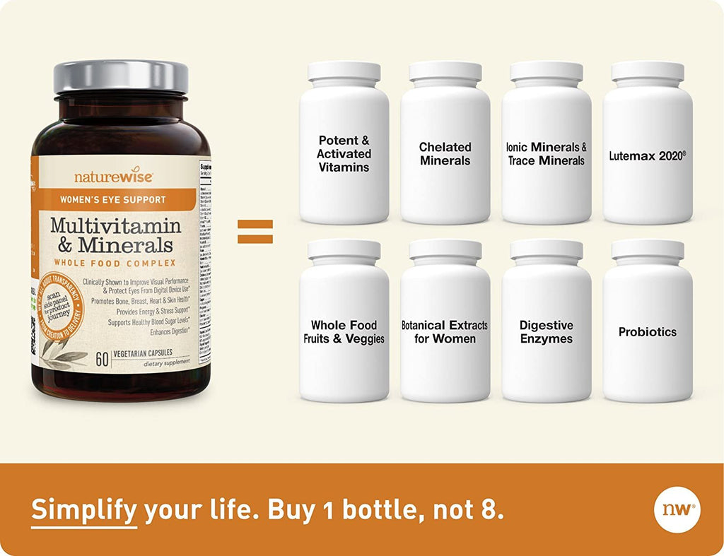 NatureWise Women's Eye Support Whole Food Multivitamin for Eye Health, Blue Light Defense with Chelated Multi Minerals, Lutemax 2020, and Zeaxanthin (Packaging May Vary) [1 Month Supply - 60 Capsules]