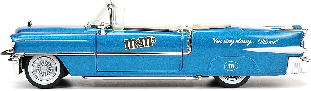 M&M's 1:24 1956 Cadillac El Dorado Die-cast Car w/ 2.75" Blue Figure, Toys for Kids and Adults