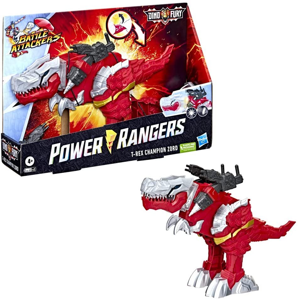 Power Rangers Battle Attackers Dino Fury T-Rex Champion Zord Electronic Action Figure Toy for Kids Ages 4 and Up with Lights and Sounds