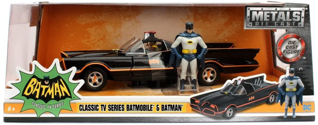 Jada Toys DC Comics 1966 Classic TV Series Batmobile with Batman and Robin figures; 1:24 Scale Metals Die-Cast Collectible Vehicle