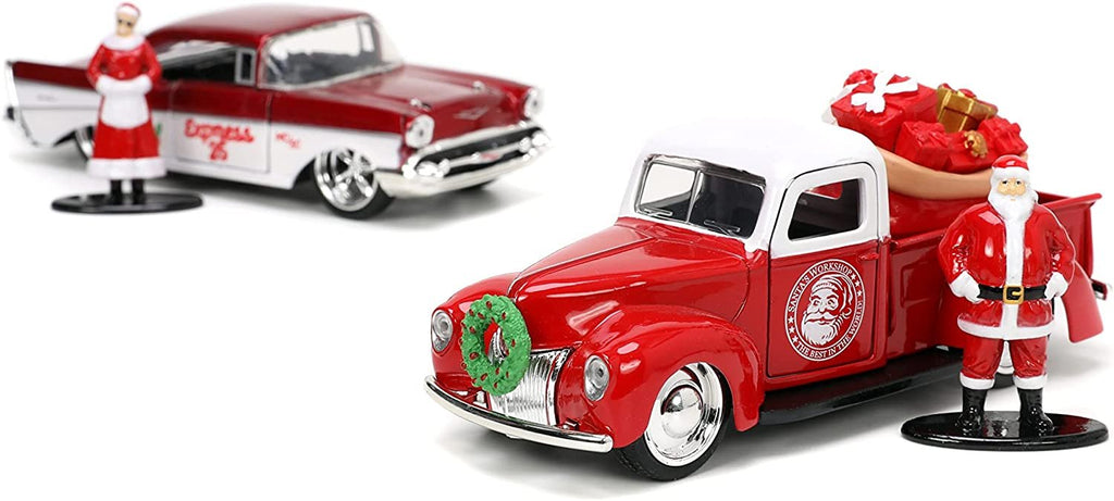 Jada Toys Holiday Rides 1:32 1941 Ford Pickup & 1957 Chevy Bel-Air Die-cast Car with 1.65” Santa Claus & Mrs. Santa Claus Figure, Toys for Kids and Adults