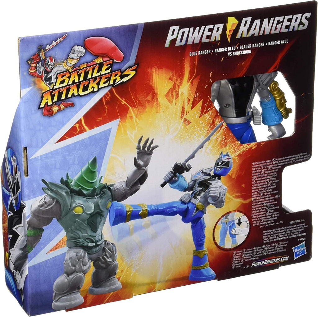 Power Rangers Dino Fury Battle Attackers 2-Pack Blue Ranger vs. Shockhorn Kicking Action Figure Toys with Accessory Inspired by TV Show Ages 4 and Up