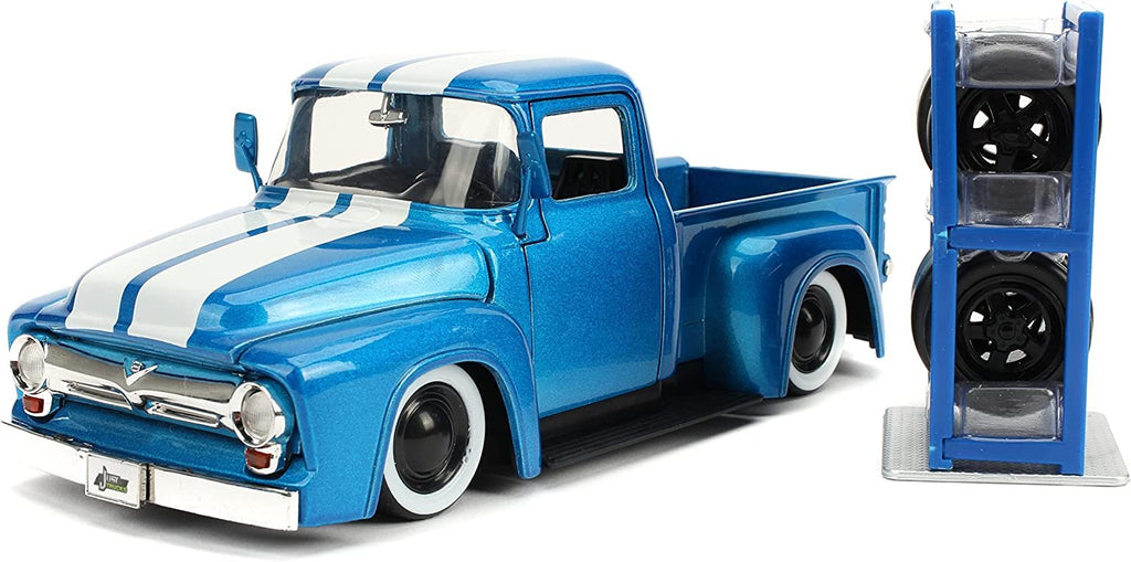 Just Trucks 1:24 1956 Ford F-100 Die-cast Car Blue/White Stripes with Tire Rack, Toys for Kids and Adults