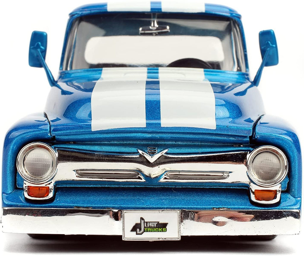 Just Trucks 1:24 1956 Ford F-100 Die-cast Car Blue/White Stripes with Tire Rack, Toys for Kids and Adults