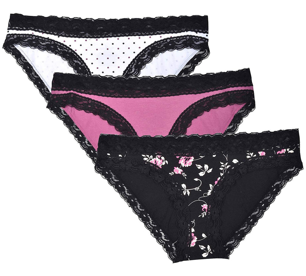 Donna L'oren Women's Bikini Panties Floral Lace Trim 3-Pack Sizes S-XL