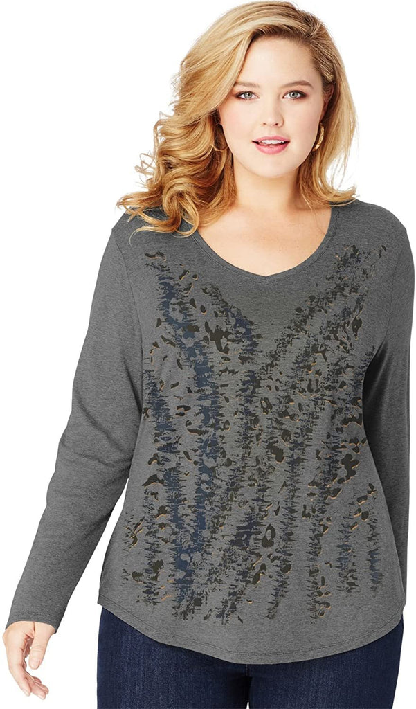 JUST MY SIZE Womens Long-Sleeve V-Neck Graphic Tee