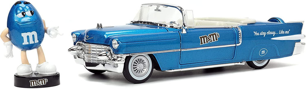 M&M's 1:24 1956 Cadillac El Dorado Die-cast Car w/ 2.75" Blue Figure, Toys for Kids and Adults