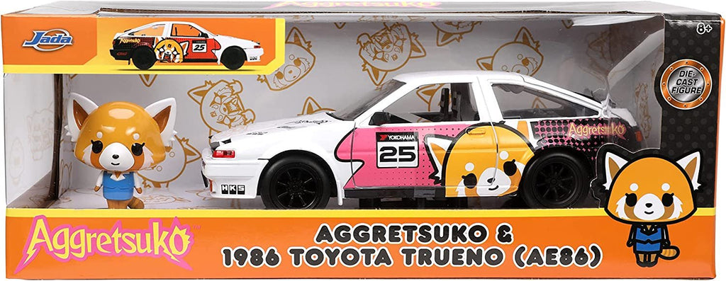 Jada Toys Sanrio 1:24 1986 Toyota Trueno (AE86) Die-cast Car & Aggretsuko️ Figure, Toys for Kids and Adults (33725)
